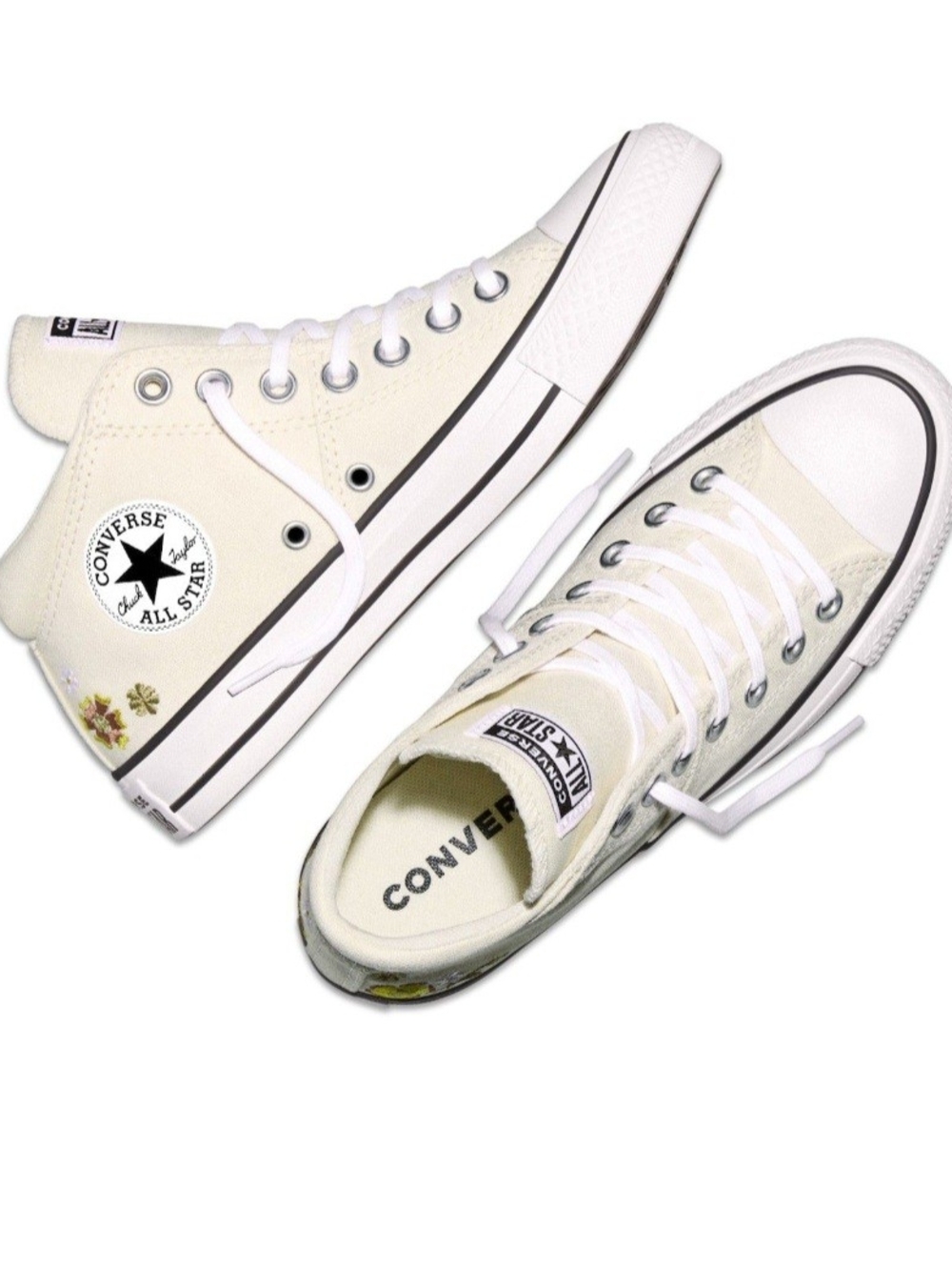 Converse High Top Sneakers in Off-White/Cream with Floral Accent